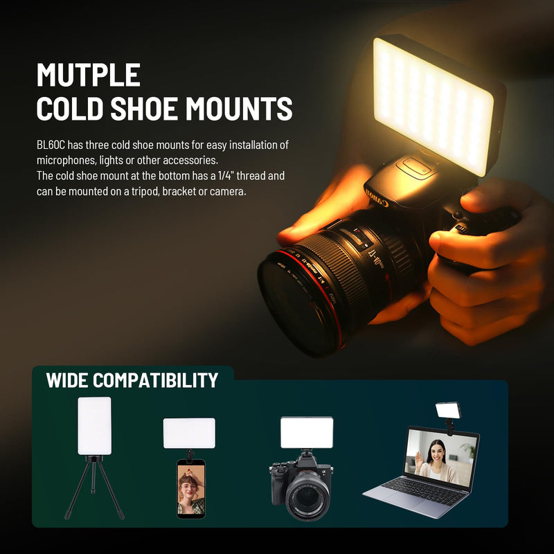 RGB Video Light with Multi Functional Stand, 140 Lamp Beads 360° Full Color LED Camera Light with 3 Cold Shoe CRI≥95 2500K-9000K±200K, 2000mAh Rechargeable Photography Lighting with 20 Scene Modes W140RGB
