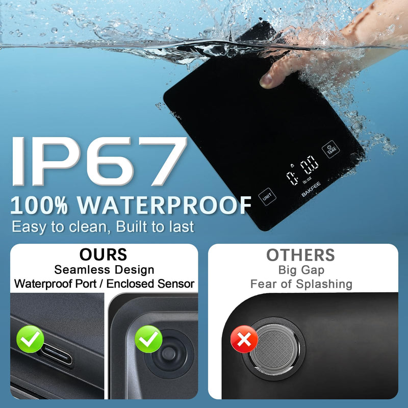 IP67 Waterproof Food Scale with Tempered Glass Surface, 22lb Kitchen Scale 1g Precision, USB Rechargeable, LED Display, Grams and Ounces, for Baking, Cooking, Making Sourdough Bread. Black
