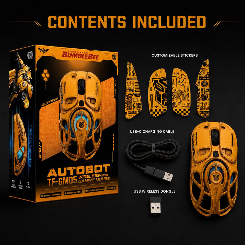 Transformers TF-GM05 Wireless Gaming Mouse, 71g Ultra-Light Hollow Mecha Design, Tri-Mode Bluetooth/2.4G/Wired, 12800 DPI, Huano Switches, PAW3311 Sensor, RGB, USB-C Rechargeable (Bumblebee Yellow) Bumblebee Yellow