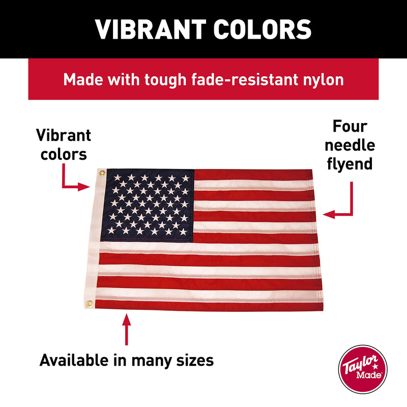 Taylor Made Sewn American Flag for Boats, 12" x 18", Marine-Grade Nylon, Fade Resistant, Brass Grommets, Embroidered Stars and Stripes, Flag only - 2020109194