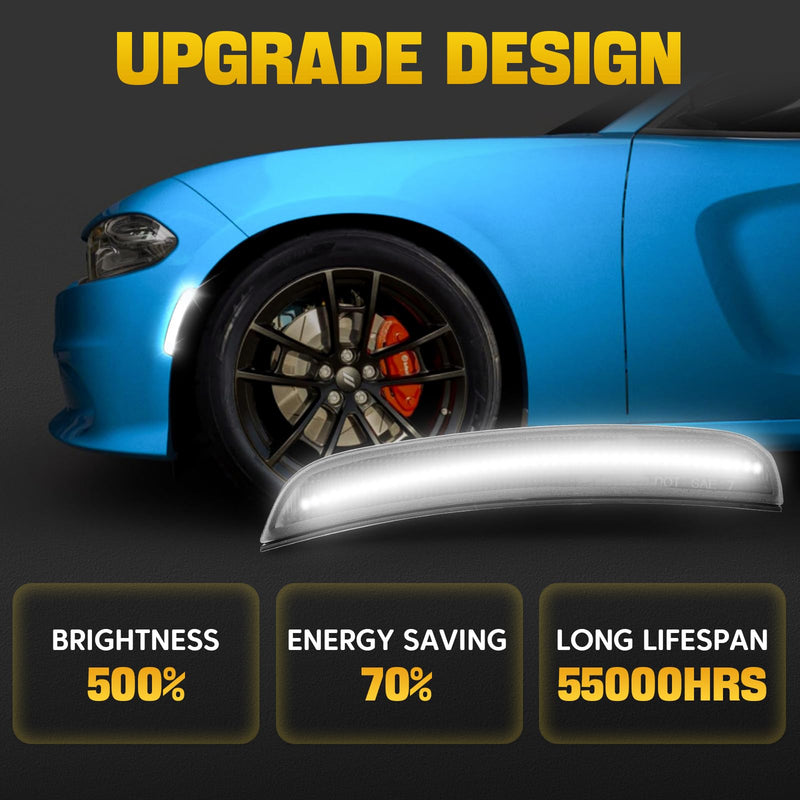  [AUSTRALIA] - White LED Side Marker Lights Compatible with Dodge Charger 2015-2023, Front & Rear Bumper Smoked Lens Reflector Lamps Replace# 68214405AA 68214404AA 68214127AA, 4PCS