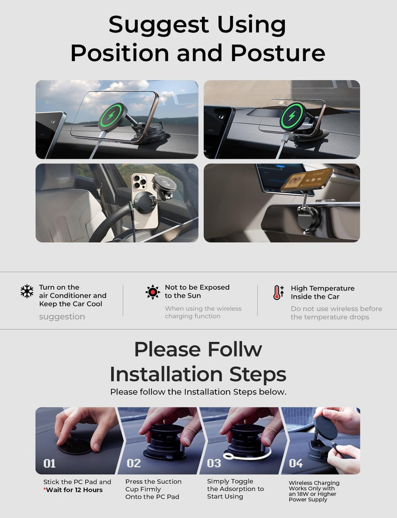 LISEN 15W Magsafe Car Mount Charger，[Lever Lock] Suction Cup Phone Holder,360° Vacuum Magnetic Car Phone Holder Charger Wireless for iPhone 17 Pro Max Air 16-12,Pixel 10,Samsung with MagSafe Case Black