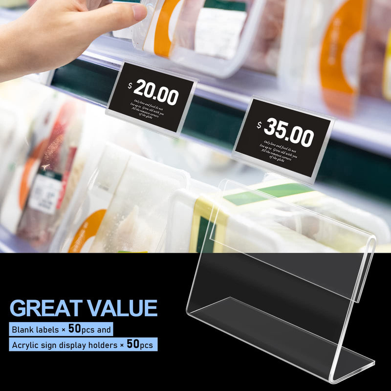 BILLIOTEAM 50pack Mini Clear Sign Display Holder with Blank Labels,3.2*2.2 Inch Horizontal Slanted L-Shape Plastic Name Card Price Card Tag Label Counter Top Stand 3.2*2.2 IN L