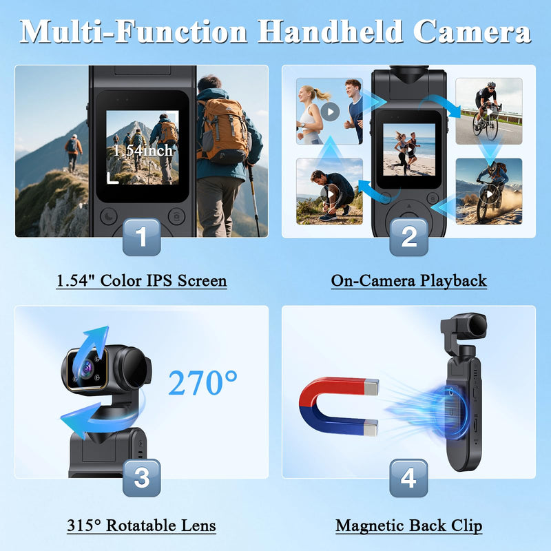 Body Camera with Audio & Video Recording Handheld Vlogging Camera | 1080P FHD | 270° Rotationg Lens | Night Vision | Connects to Phone | 1.54in Screen | Magnetic Clip | Camera for Vlogging