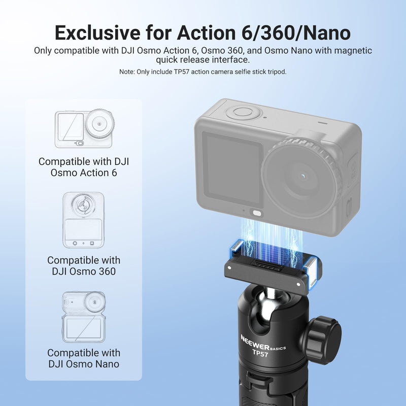 NEEWER Basics Action Camera Selfie Stick Tripod Compatible with DJI Osmo Action 6 Osmo 360 Nano, 8.1-21.3in Desk Stand with Quick Release Magnetic Mount Adapter & Ball Head for Video Recording, TP57