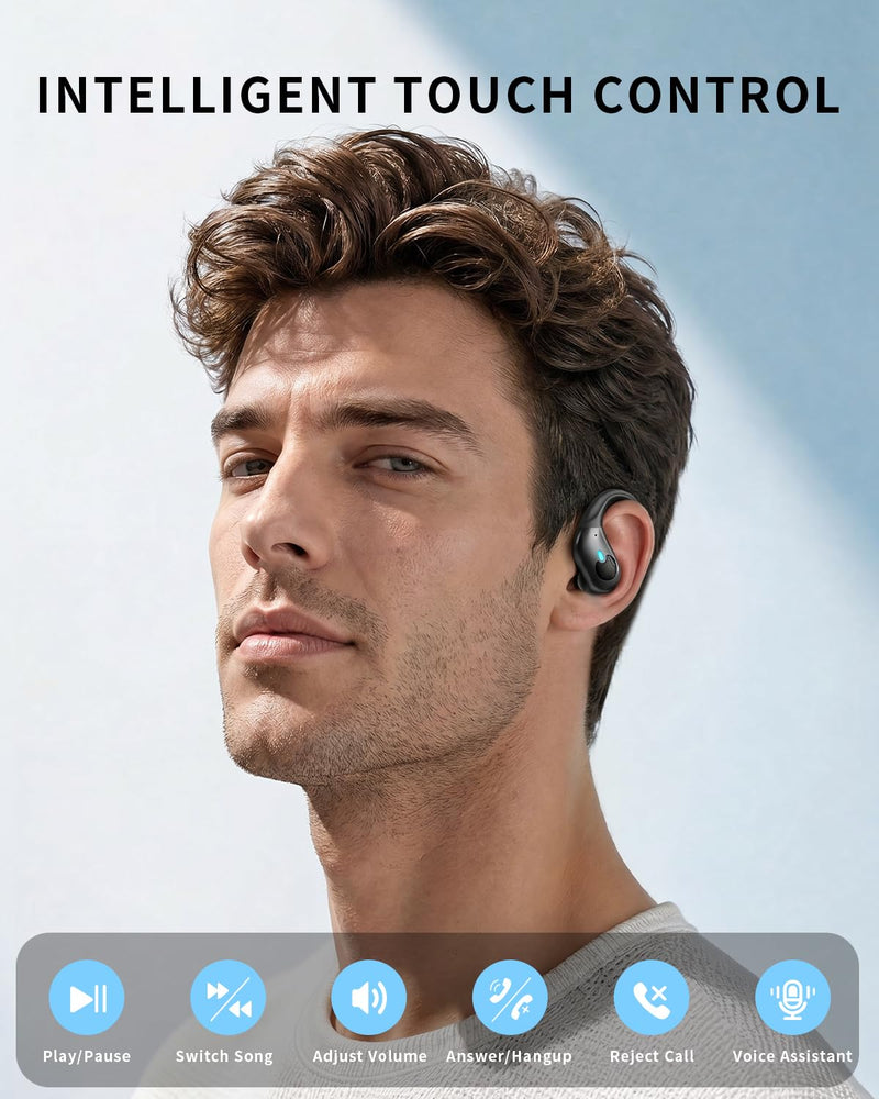 Active Noise Cancelling Ear Buds Wireless Earbuds 90H Playtime Bluetooth Headphones Stereo Bass Over-Ear Hooks Earphones with Power Display Case IPX7 Waterproof Headset for Workout/Running, Black