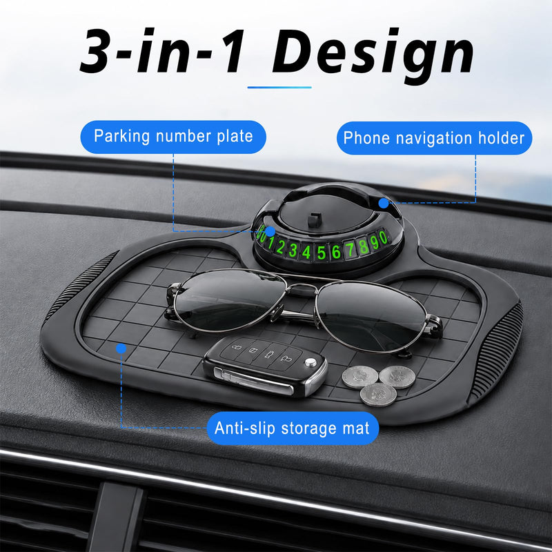 Multifunctional Car Anti Slip Mat, 360° Rotatable Phone Holder Dashboard Pad with Temporary Parking Number, Anti Skid Organizer for Phones Sunglasses Keys (Black & Gray) Black & Gray