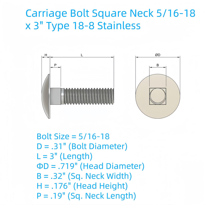 5/16"-18 X 3(25pc) Stainless Carriage Bolt, 18-8 Stainless Steel Full Thread Coverage,Carriage Bolt,by SANTIE 5/16"-18 X 3"(25pc)
