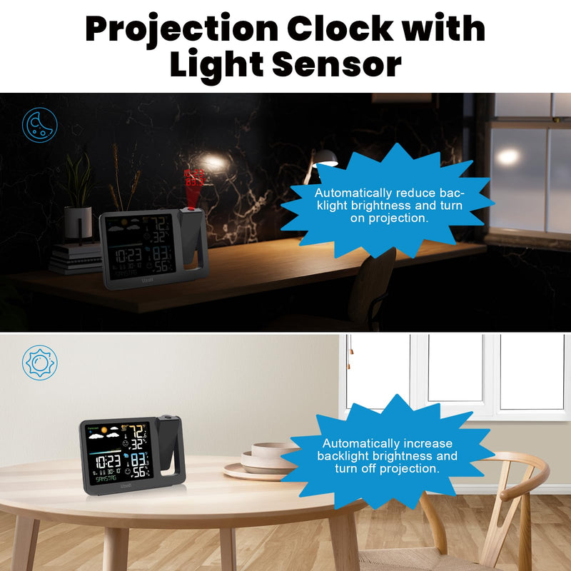 uzoli Projection Alarm Clock Weather Station, WWVB Atomic Projector Clock with Sensor, Adjustable Backlight, Indoor Outdoor Temperature Humidity, Digital Projection Clock for Bedroom Ceiling