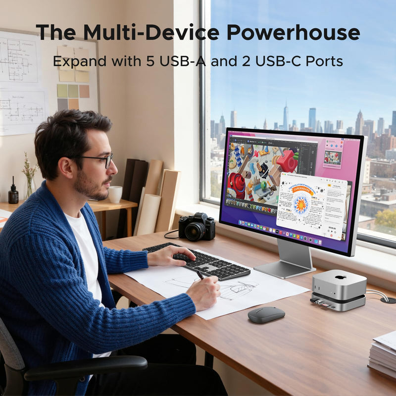 UGREEN Mac mini M4 Dock & Stand with NVMe SSD Enclosure | 3 USB A 10Gbps, USB C Data Port, SD Card Reader for Mac mini M4/ M4 Pro