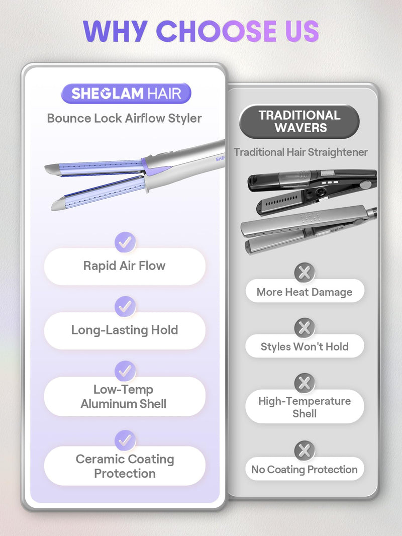 SHEGLAM Hair Curler and Straightener, Manual Airflow Styler, 360° Cool Air Lock, 2 in 1 Hair Straightener & Curler, Anti-Scald Flat Iron, Fast Curling Straightening Less Damage for Long Short Hair