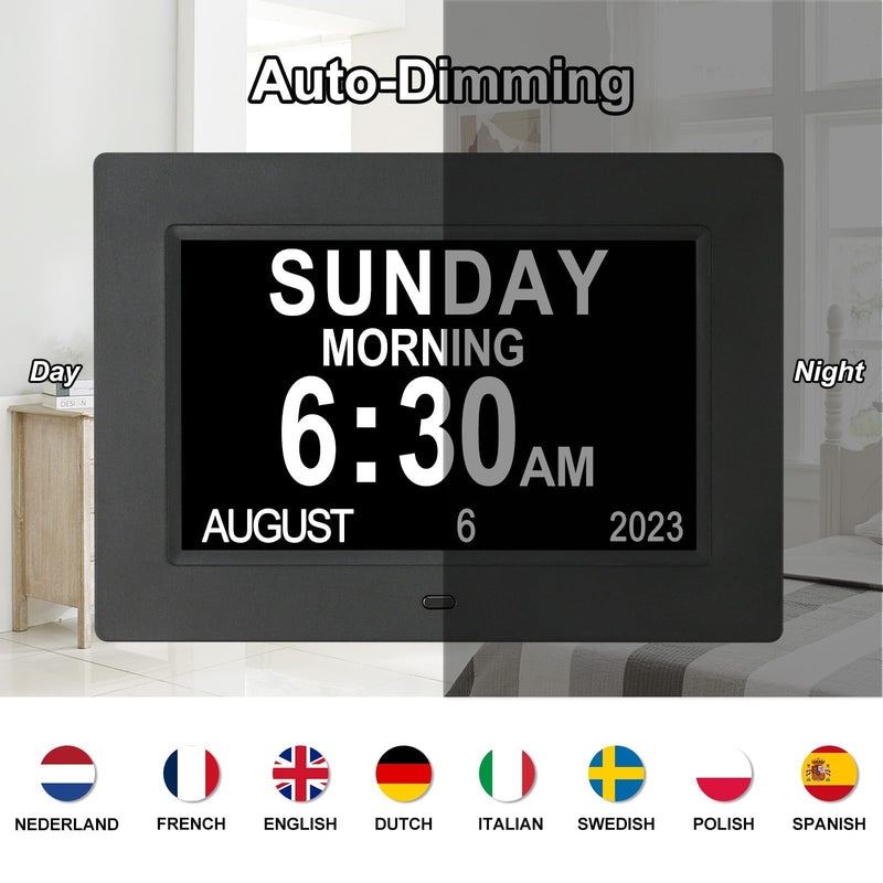 TSITSC 7 Inch Digital Day of The Week Clock Extra Large Non-Abbreviated Dementia Day and Date Time Clocks for Seniors Elderly Impaired Vision Memory Loss 12 Alarm Reminders + Auto-Dimming 7 Inch Black