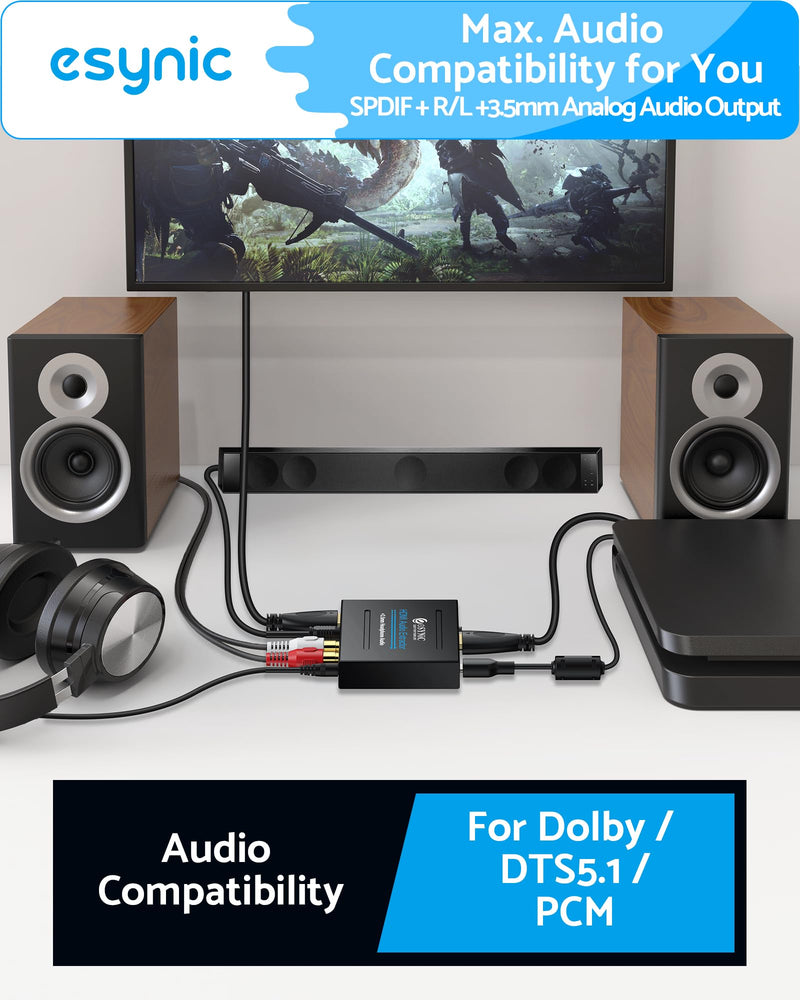eSynic Portable 4K@30Hz HDMI Audio Extractor-No ARC/eARC & Not from HDTV to Soundbar-Easy to Setup-Metal Shell-for Gaming Consoles/Fire TV Stick to HDMI Monitor & Optical or 3.5MM & L/R Audio System