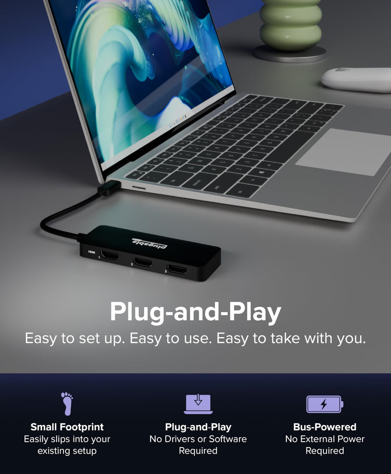 Plugable USB C to HDMI Multi Monitor Adapter | Triple 4K60 Displays | Driverless MST Hub for Windows, Chrome OS, USB-C, Thunderbolt, USB4 Laptops | Multi HDMI Ports, HDR & HDCP Compliant (USBC-MSTH3)