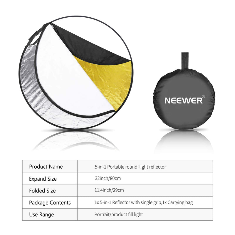 Neewer 5-in-1 Portable Round 32 in/80cm Light Reflector Collapsible Multi-Disc with Single Grip and Bag for Studio Photography Lighting and Outdoor Lighting - Gold/Silver/White/Black/Translucent