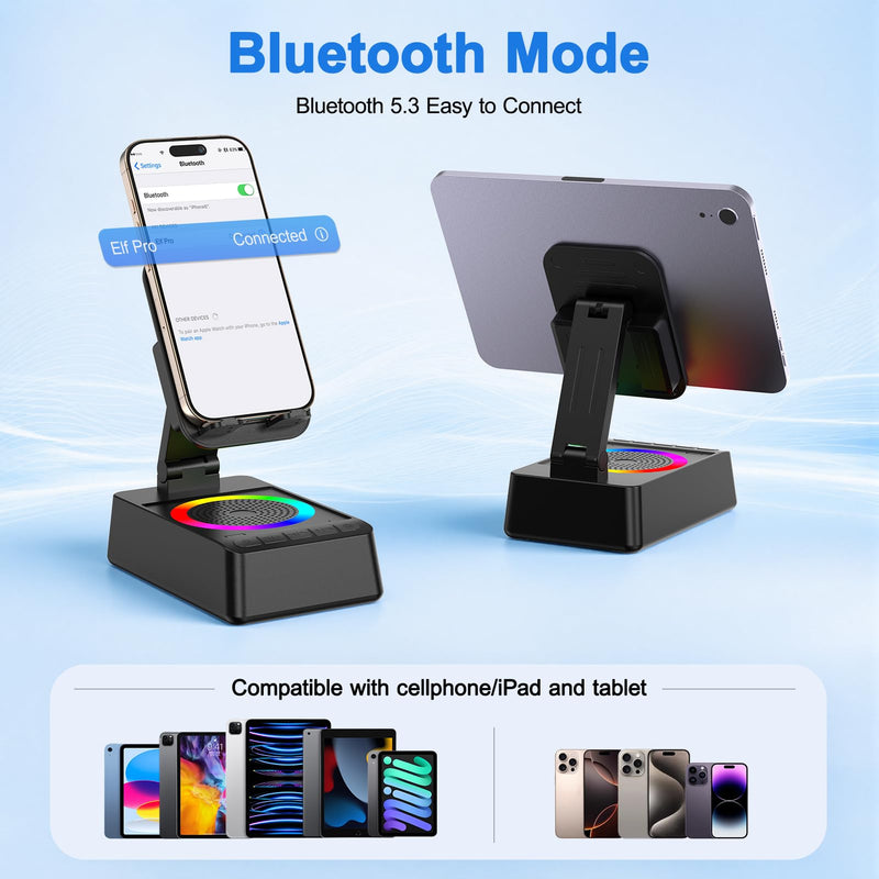 TARKARI Induction Speaker, Phone Stand with Speaker, Bluetooth Speakers | Wired Charging the Cellphone, Foldable and Adjustable Cell Phone Stand, Ambient Light, For Home Office, Gifts for Women Him Black