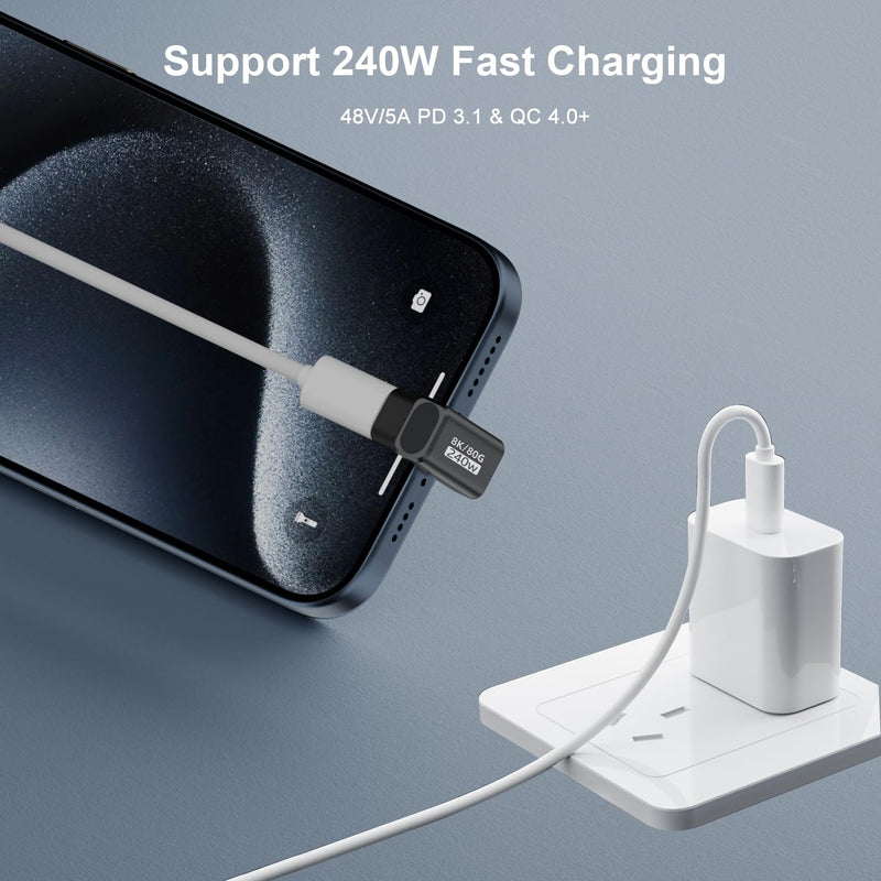 AreMe 80Gbps USB-C 180 Degree U Shape Adapter 2 Pack, Black | 240W, 16K/Dual 8K, Male to Female Extender, for Thunderbolt 5/4/3, Switch2, MacBook, iPad Pro/Air/Mini, iPhone 17/16/15