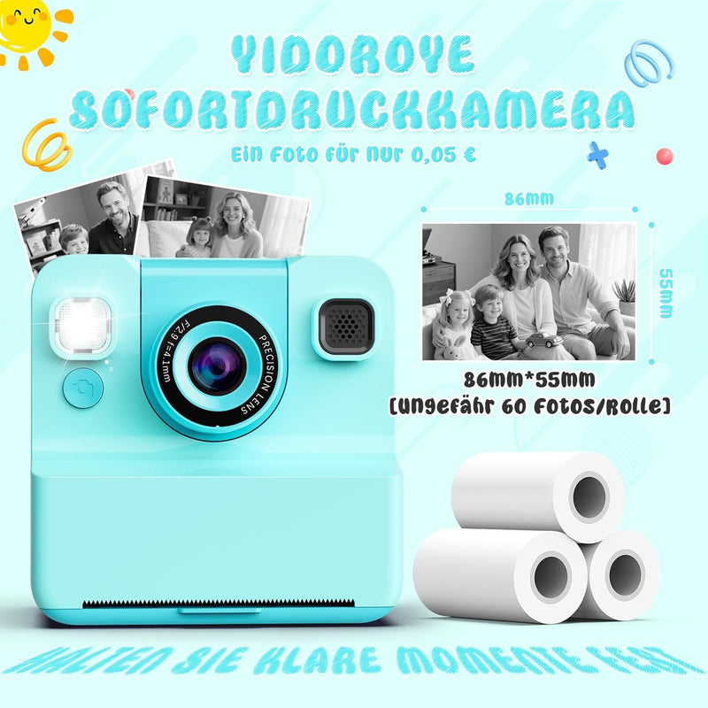 Kids Camera Instant Print, 48MP Digital Camera Selfie 1080P HD,Toys Gifts for Girls Boys Aged 3-16,Digital instant video printing cameras with 3 rolls of paper and 32 GB for Christmas/Birthday/Holiday