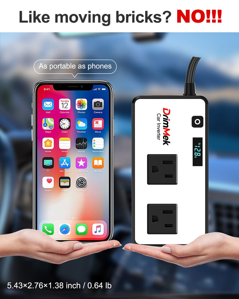 200W Car Power Inverter, Car Plug Adapter Outlet 12V to 110V Converter with 24W USB Fast Charging Port, Dual AC Outlet for Laptop, Vehicles, Camping (LED Display) White