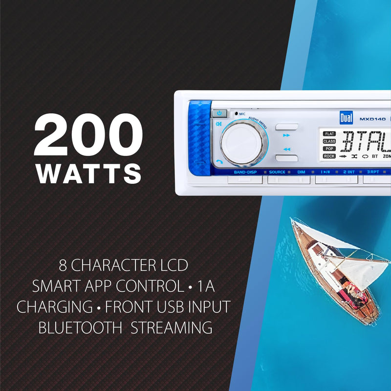 Dual Electronics MXD140 Marine Stereo with Built-in Bluetooth | Single DIN 8-Character Sunlight-Readable LCD Display | Weatherproof | AM/FM Stereo Receiver | USB Port with 2.1 A Charging | White Marine Radio