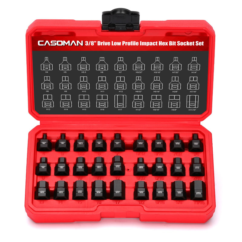 CASOMAN 27-Piece 3/8" Drive Low Profile Impact Hex Bit Socket Set, S2 Steel Allen Bit Socket Set, SAE & Metric, Includes Storage Case
