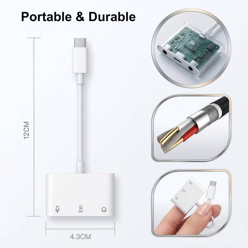 USB C to Microphone & 3.5mm Headphone Adapter with PD Fast Charging for Live-Streaming, 3-in-1 Aux to USB C Audio & MIC Splitter Compatible with iPhone 17/16/15, iPad Pro, Galaxy S26, and More