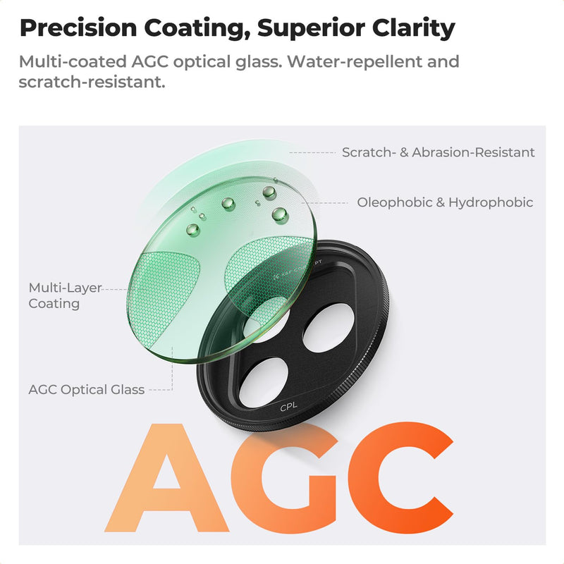K&F CONCEPT Snap-On CPL Filter Compatible with iPhone 17 Pro Max/17 Pro | 9.5g Ultra-Lightweight Polarizing Filter with Snap-on Deco Mount, AGC Glass 28-Layer Coating Anti-Reflection, FA301 Black
