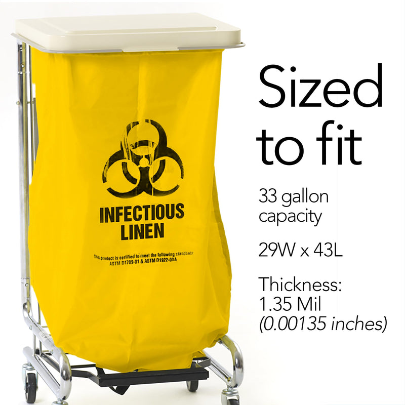 RESILIA Biohazard Bags - For Infectious Waste Disposal, Meets DOT ASTM Standards for Hospital Use, OSHA Approved, Yellow, 33 Gallon, 29" W x 43" L, 1.35 Mil, 0.00135 Inch, 25 Bags, Made in the USA