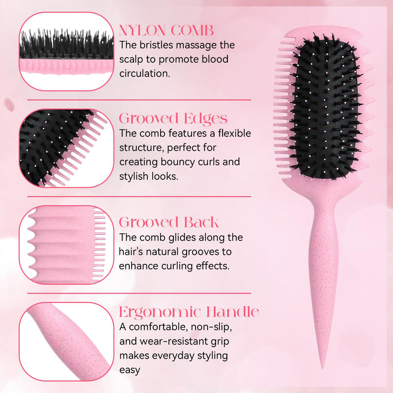 Curling Brush for Defined Curls, Antistatic Brush for Gentle Detangling and Styling Ergonomic Handle, Suitable for Natural Curly and Curly Hair (Pink) Pink C