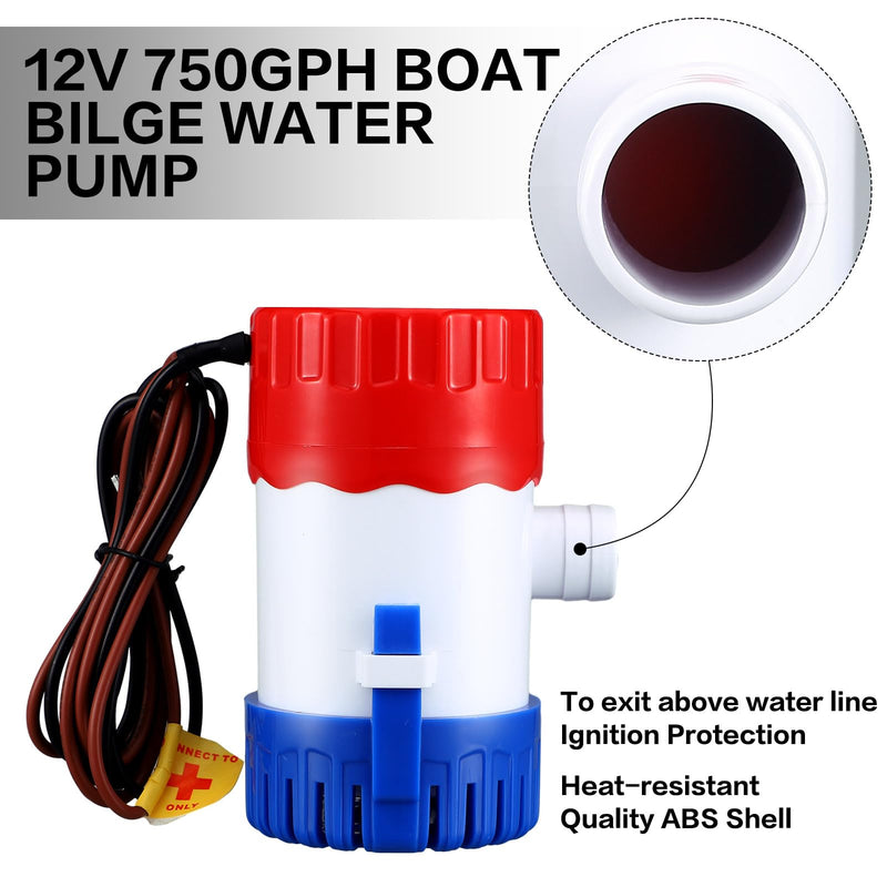 Landhoow Bilge Pump 12V with Float Switch Bilge for Boats DC 12V 24V 32V Portable Marine Electric Boat Water Pump(750 Gph) 750 GPH