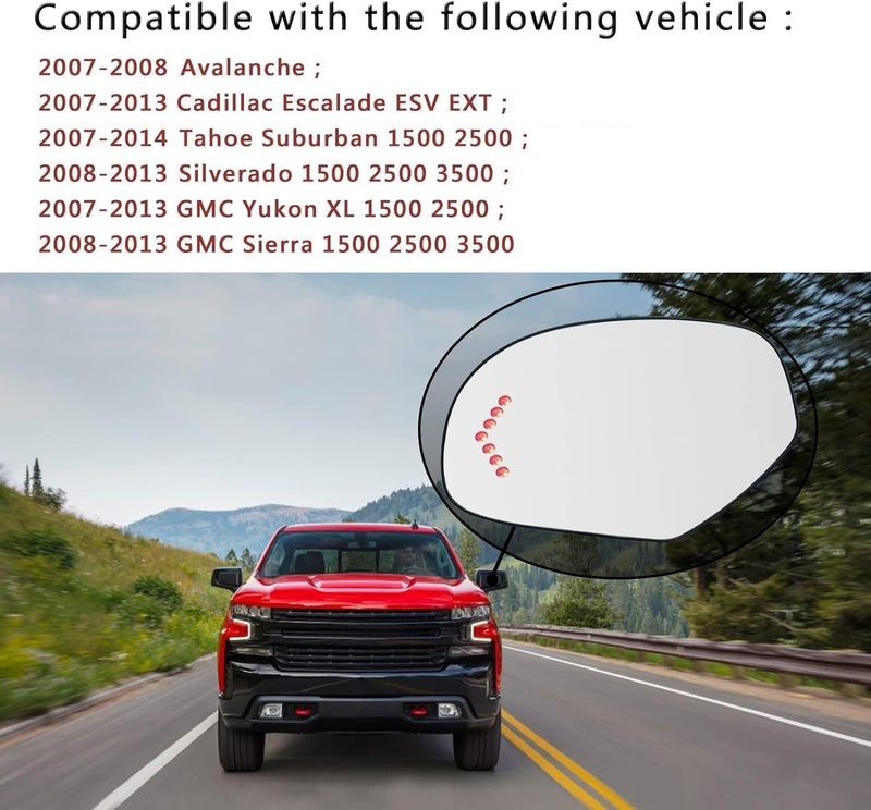 Driver Side Heated Mirror Glass Replacement For 2007-2013 Cadillac Escalade Yukon Suburban Silverado GMC Sierra Tahoe Avalanche Sierra - Side Mirror with Rear Holder and Turn Signal Left (Driver Side)