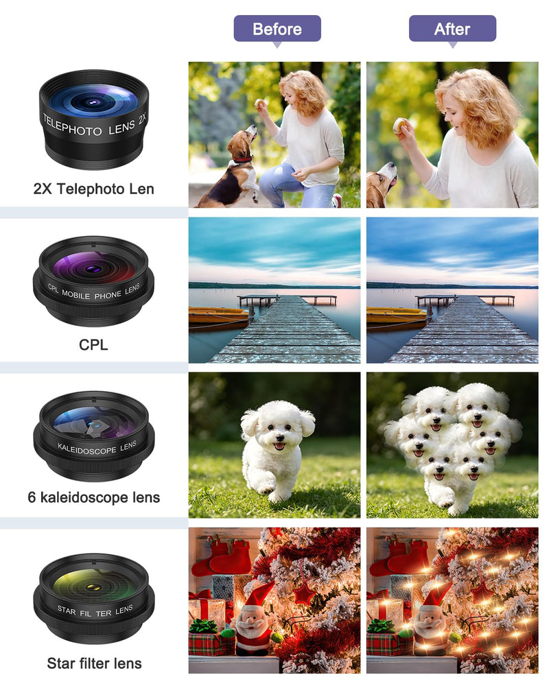 7-in-1 Cell Phone Camera Lens Kit, 15X Macro, 0.63X Wide Angle, 2X Telephoto, 198° Fisheye, CPL, Star & Kaleidoscope Filters, Compatible with iPhone, Samsung & Most Major Smartphone