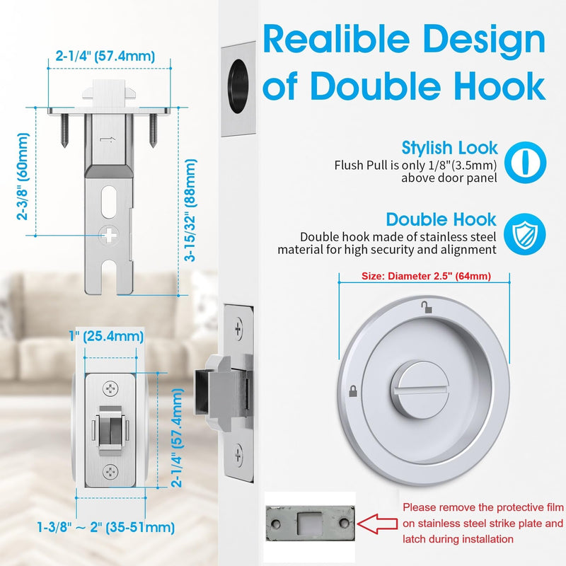 AST Round Pocket Door Lock with Edge Pull, Sturdy Privacy Bifold and Cavity Sliding Door Lock with Flush Pull, Replacement Hardware with Latch, Made of Zinc Alloy, Fingermark Proof, Satin Chrome Satin chrome - Round