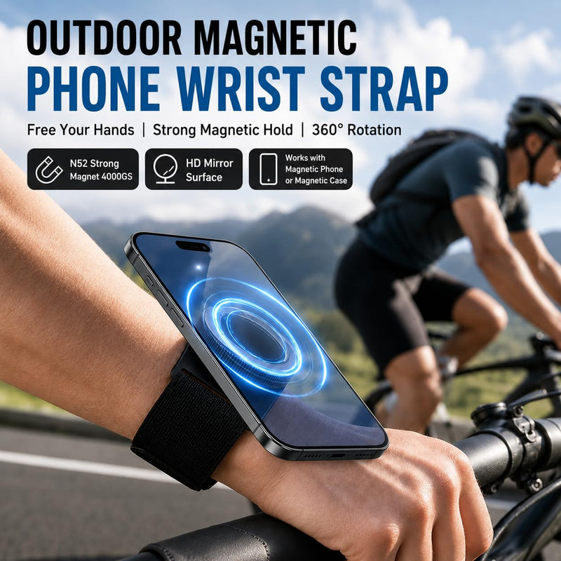 YUEVEXOA Magnetic Phone Wristband Mount, 360° Rotatable Sports Armband Forearm Cell Phone Holder with Selfie Mirror, N52 Magnet Wrist Strap for Cycling Navigation, Running（Black） black out