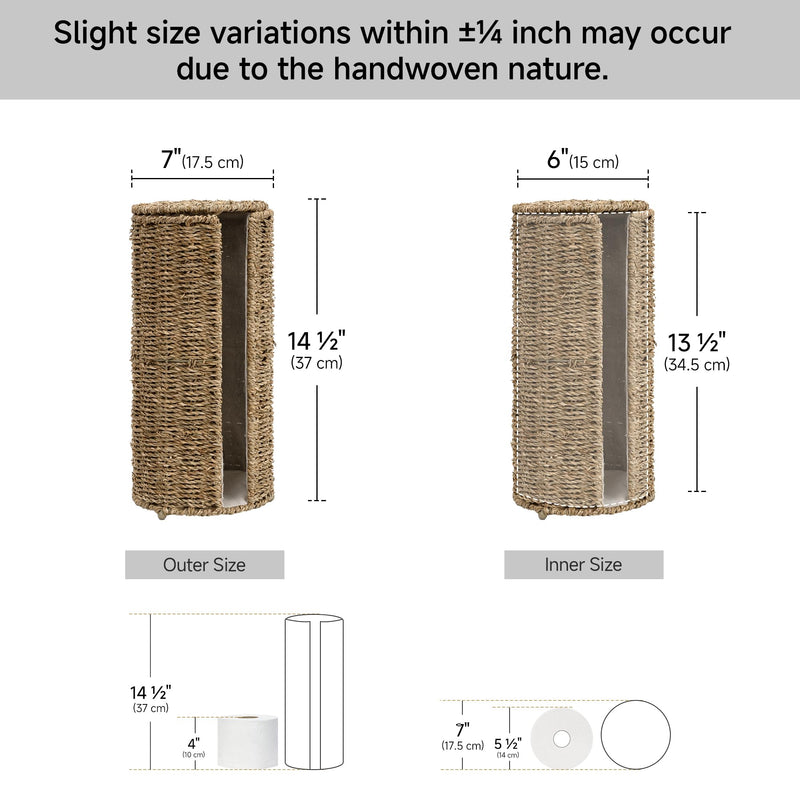 StorageWorks Seagrass Free Standing Toilet Paper Holder Stand for Bathroom, 3 Rolls of Toilet Tissue Storage with a Built-in Cloth Lining, Toilet Roll Holder Stand with Lid Natural（seagrass） 6¾"D(For 3 Roll)