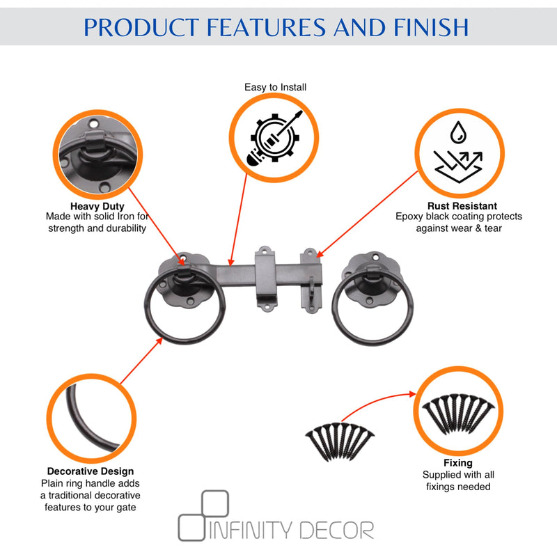 Infinity Decor Weatherproof 180mm Plain Ring Gate Heavy Duty Latch Epoxy Black Finish – Wooden Gate Latch Catch Set for Garden Gate and shed Door