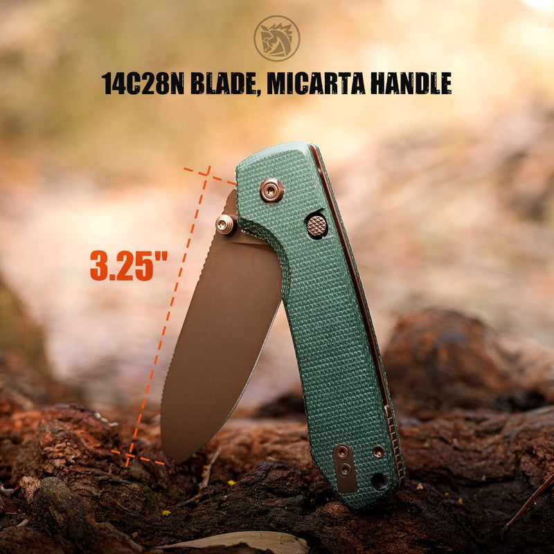 Vosteed Raccoon2.0 EDC Folding Pocket knives - Top Liner Lock, 3.25" Sandvik 14C28N Steel Rose Gold Blade, Green Micarta Handle for Camping Hiking - A2907 Green-Copper Dune