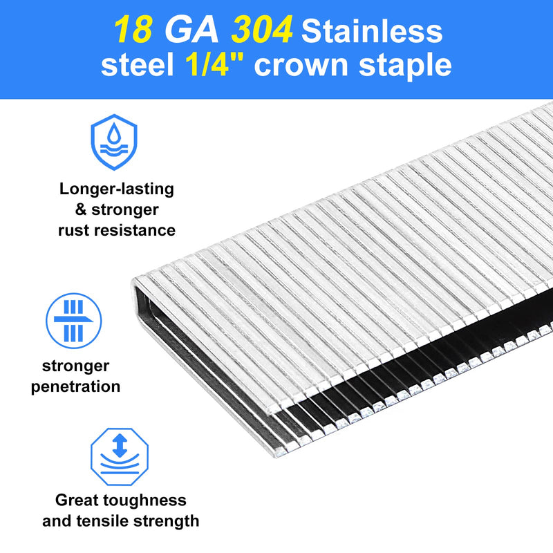 18 Gauge 1/4" Narrow Crown Staples 1-1/2",1-1/4" 1", 3/4", 1/2" | 304 Stainless Steel, Assorted 1600 pcs for 18 GA Pneumatic or Electric Stapler or Staple gun,Project Pack 1/2"+3/4"+1"+1-1/4"+1-1/2"--1600pcs