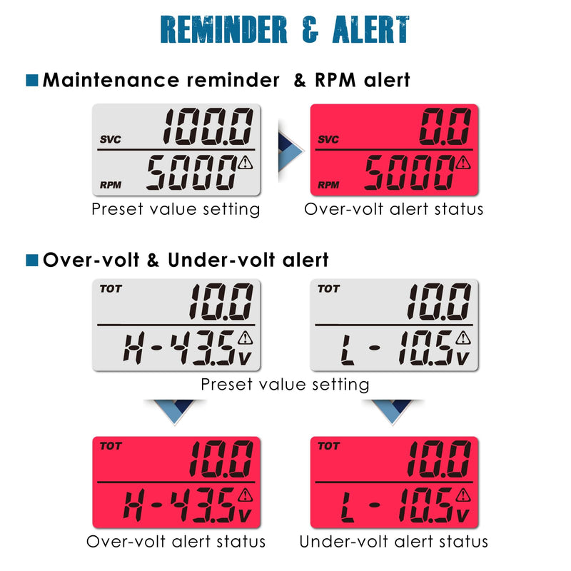 Runleader DC 8V to 65V Digital Hour Meter RPM Meter,Battery Volt Meter,Backlight Display,Waterproof Design for Lawn Mower Generator Outboard Motor Boat ATV etc.