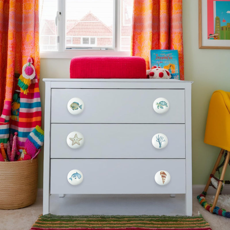 Set of 6 Ceramic Kids Nursery Fish Ocean Starfish Beachy Coastal Cabinet Dresser Drawer Door Handle Pulls Knobs 1.5 X 1.5 Inches conch