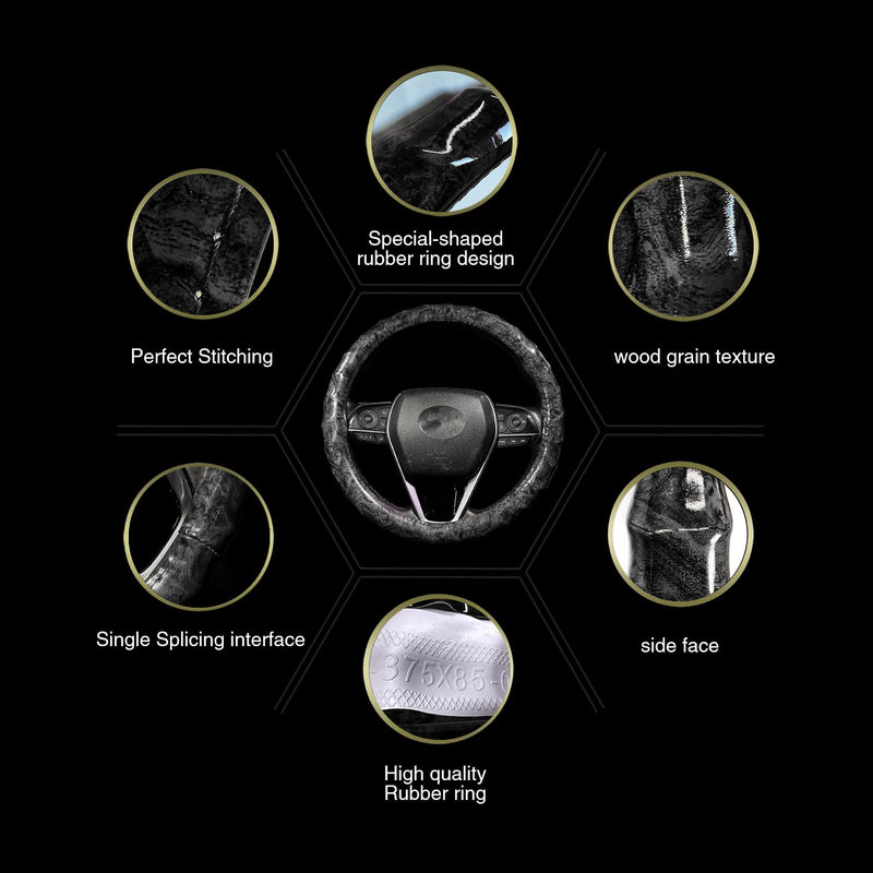 Wood Grain Steering Wheel Cover - Comfortable Grip, Artistic Design, Easy to Install, Universal Fit for Cars, Trucks, Vans & SUVs (Black) BLACK