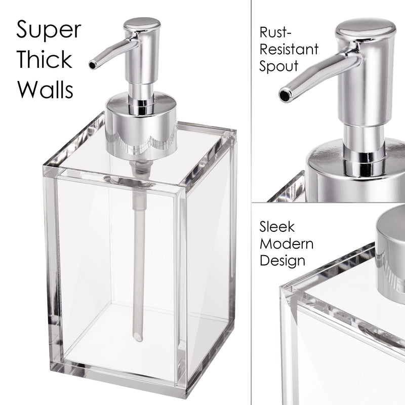 Clear Acrylic Refillable Liquid Hand Soap Dispenser with Rust Proof Stainless Steel Pump, Modern Square Bathroom Vanity Soap Dispenser | 12 oz, 1 Pack Clear 1 Pack / Soap Dispenser