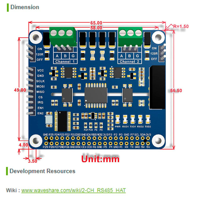 Waveshare 2-Channel Isolated RS485 Expansion HAT, SC16IS752+SP3485 Dual Chip, SPI to RS485, Up to 921600bps, Raspberry Pi 4B/3B+/3B/2B/Zero/Zero W HAT