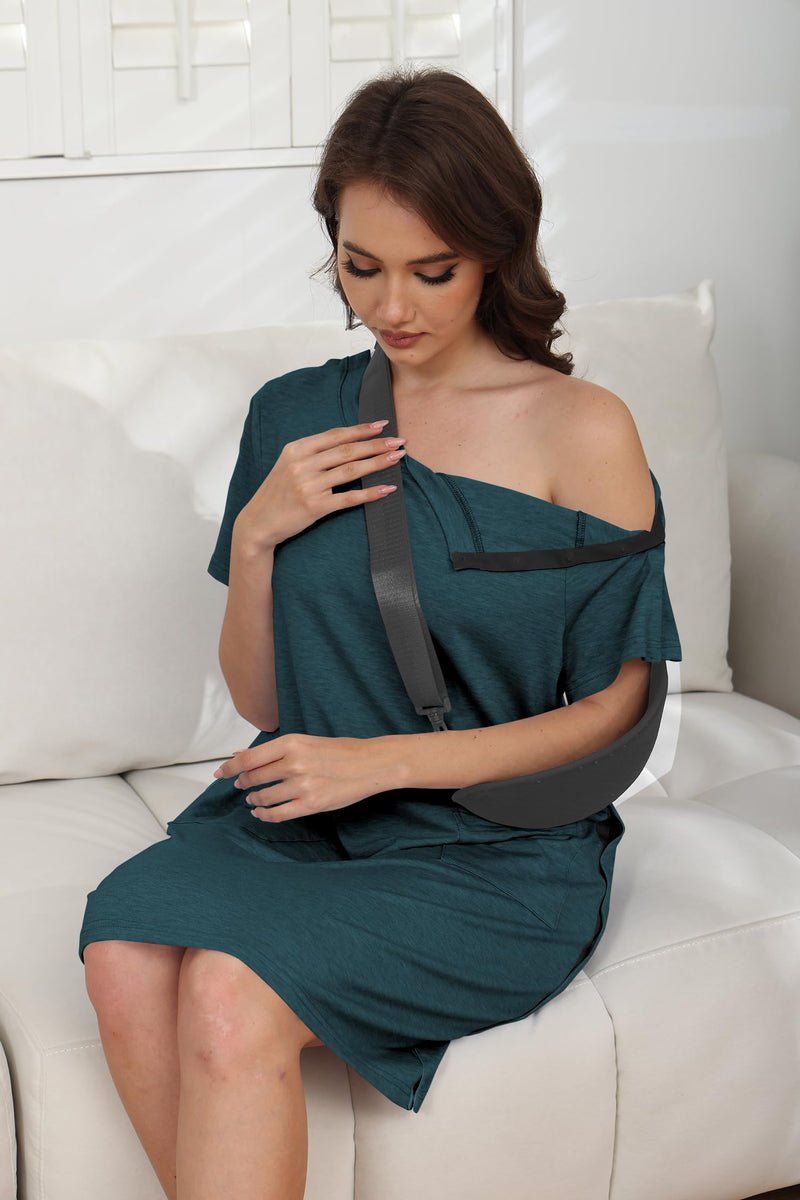 Women's Post Shoulder Surgery Tear Away Dress Short Sleeve Full Open Side Snap Adaptive Clothing with Pockets Dark Green XX-Large