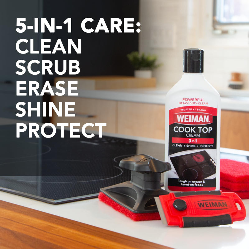  [AUSTRALIA] - Weiman Glass & Ceramic Cooktop, Stove Top & Oven Cleaner Kit – Kitchen Cleaner Cream, 3 Scrubbing Pads & Scraper for Burnt-On Food & Grease, Clean Shine - Safe for Induction, Electric & Gas Cooktops