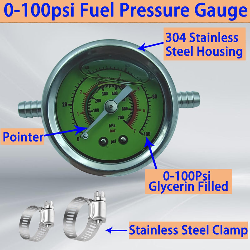 0-100psi Glycerin Filled Fuel Pressure Gauge Kit, Fuel Pressure Gauge Kit, 1-1/2" Dial Size Fuel Pressure Gauge for Car, 1/8'' NPT Inline Fuel Pressure Gauge with 3/8'' 5/16'' Barb, Back Mount