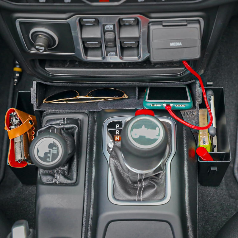 JVMA Center Console Organizer Gear Shift Tray for Jeep Gladiator Accessories and Jeep Wrangler JL JLU 2025 2024 2023 2022-2018 Rubicon Sahara 4xe Storage Box Hook (US Patent) Interior L