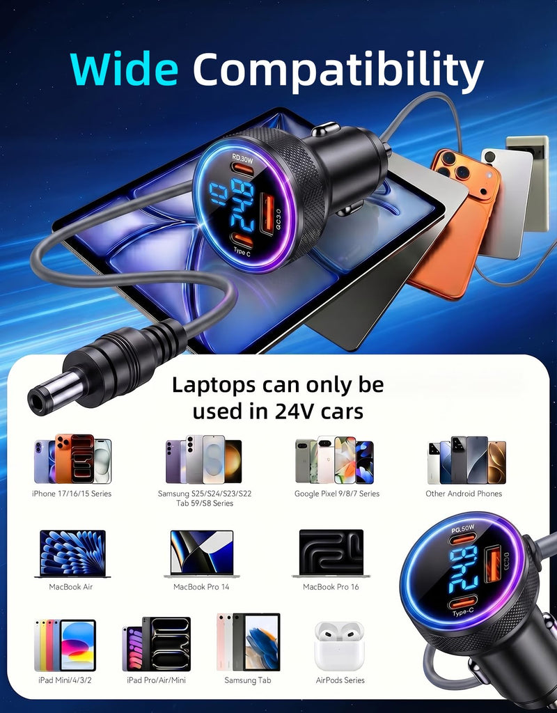 4-in-1 Starlink Mini Car Adapter, 10FT Starlink Mini Power Cable | 12V-24V cigarette lighter adapter with voltage display, dual 45W USB-C PD and 35W USB-A ports for cars, trucks and RVs Black