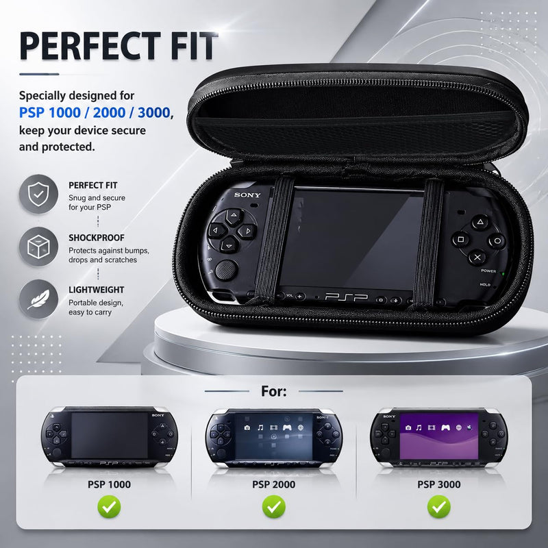 7-in-1 Accessories Kit for PlayStation Portable 2000/3000-Black Carrying Case with Screen Protector, crystal protective cover ,2 joystick caps, charging Cable & wristband hanging rope