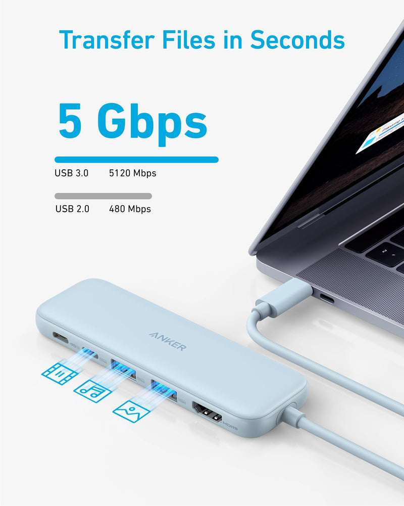 Anker 332 USB-C Hub (5-in-1) with 4K HDMI Display, 5Gbps USB-C Data Port and 2 5Gbps USB-A Data Ports and for MacBook Pro, MacBook Air, Dell XPS, Lenovo Thinkpad, HP Laptops and More(Blue) Blue